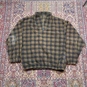 VTG 90s Winners Large Buffalo Plaid Fleece Quarter Zip Pullover Brown Black Deep